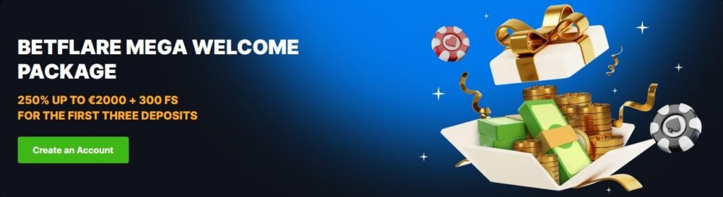 Betflare Casino Welcome Bonus - 250% up to €2,000 + 300 Free Spins